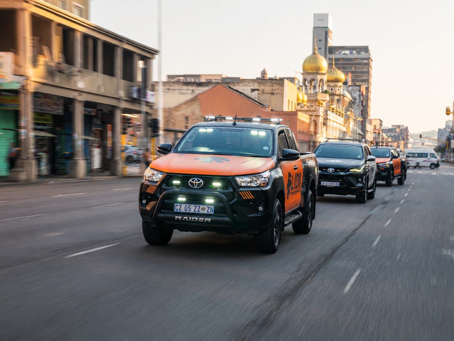 Response fleet convoy through the city